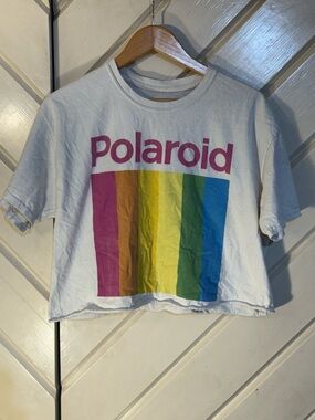 Polaroid Kids White Tee with Pink and Rainbow Stripes
